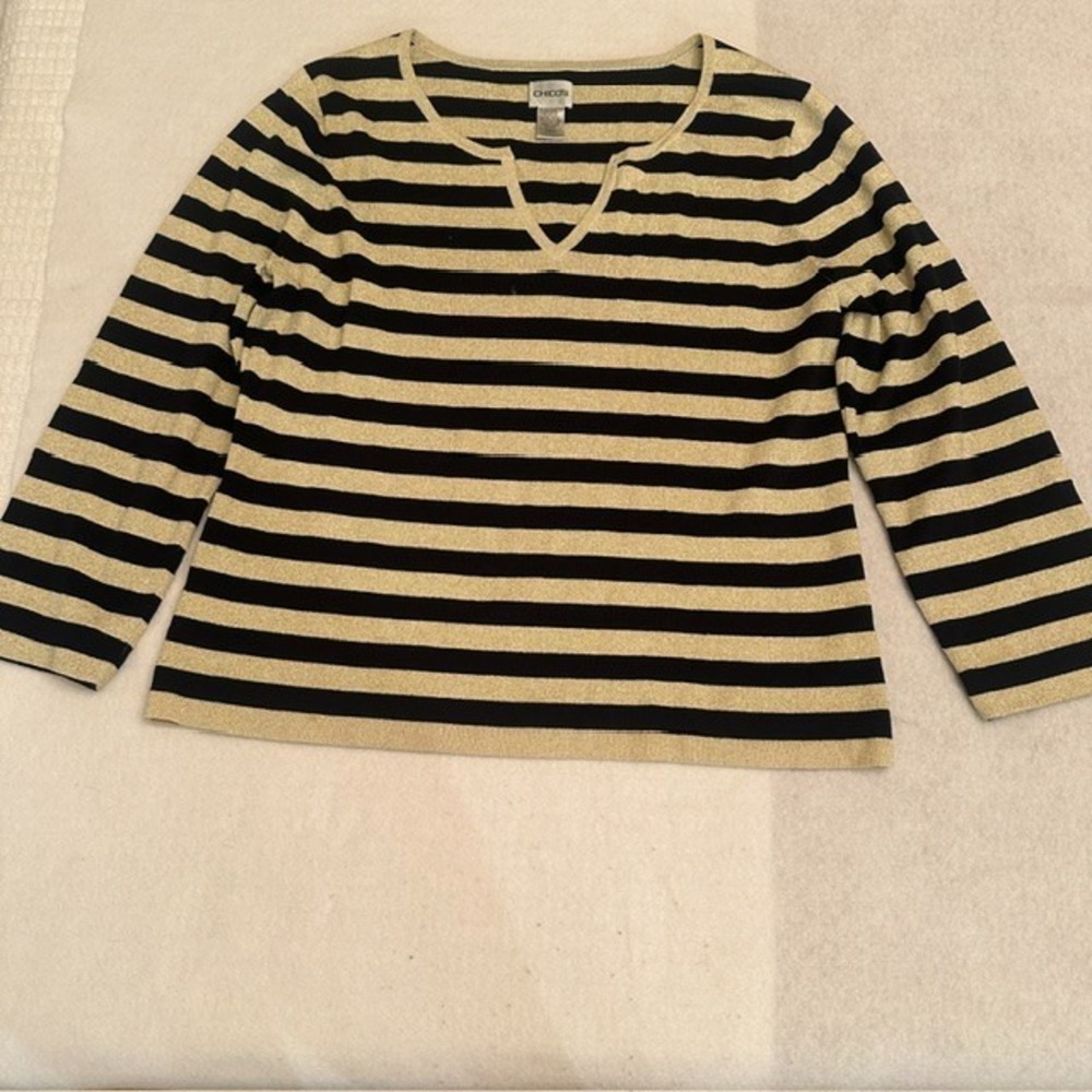 Chicos Black Gold Metallic Striped V Neck Top Womens Size 3 Silk Blend Nautical